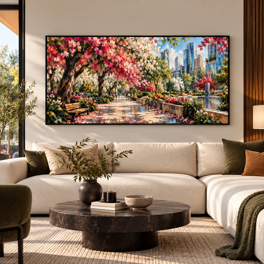 Blooming City Park Landscape Wall Art with Colorful Flowers
