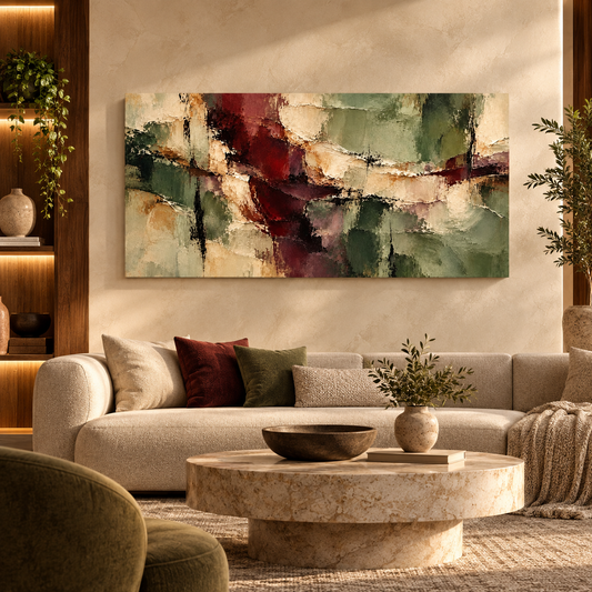 Green Burgundy Abstract Textured Wall Art for Luxury Interiors
