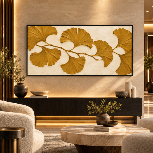 Golden Ginkgo Leaf Textured Wall Art for Luxury Modern Interiors