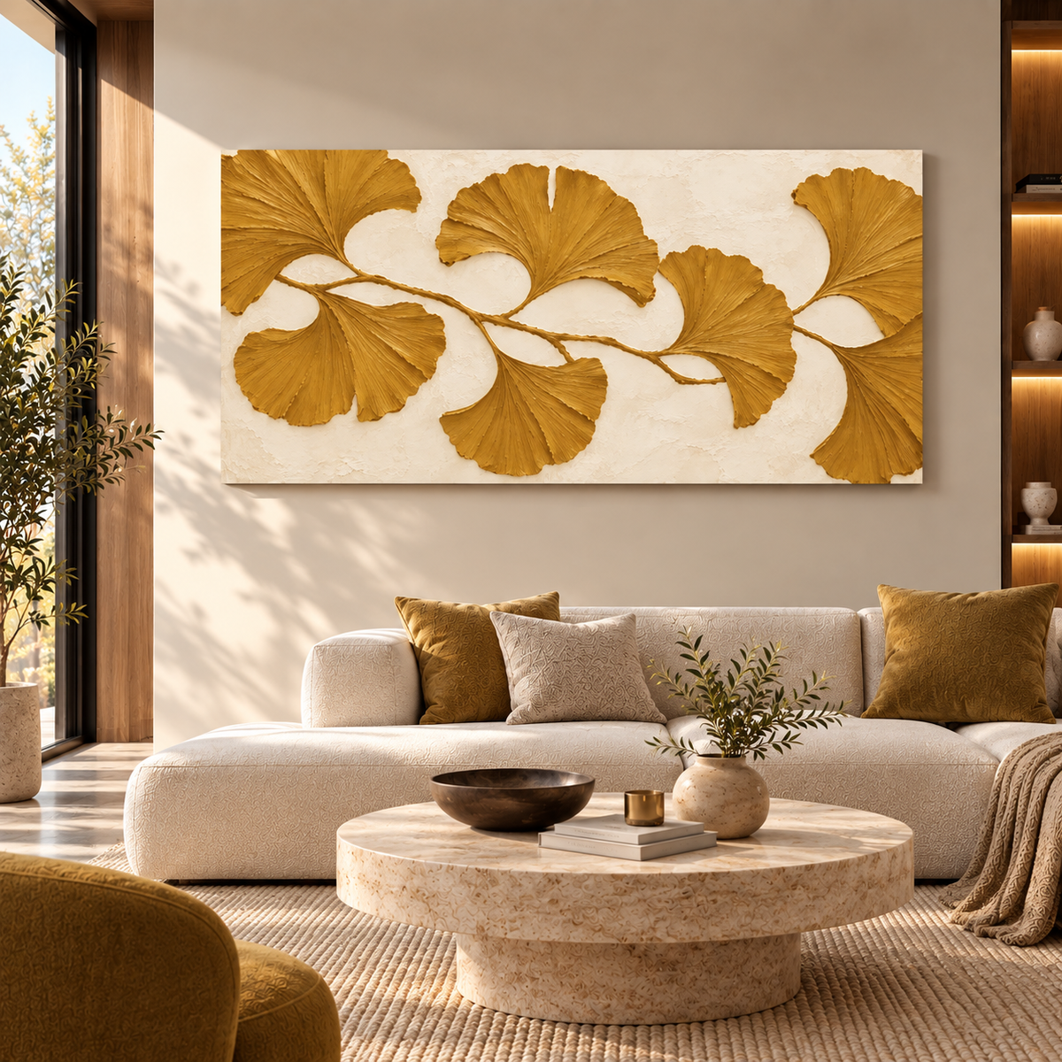 Golden Ginkgo Leaf Textured Wall Art for Luxury Modern Interiors