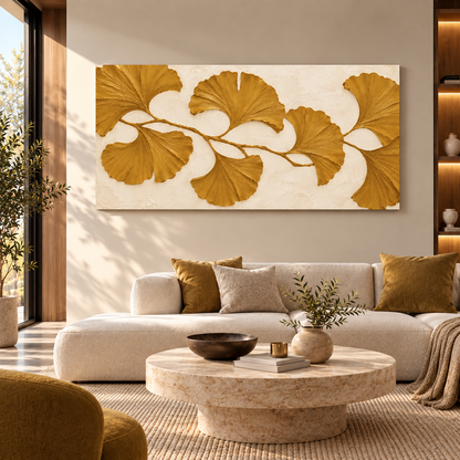 Golden Ginkgo Leaf Textured Wall Art for Luxury Modern Interiors