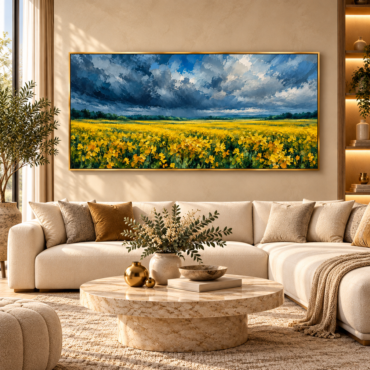 Blue & Yellow Wildflower Landscape Painting for Modern Living Room Decor