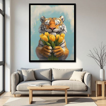 Tiger With Tulips Canvas Wall Art Painting 