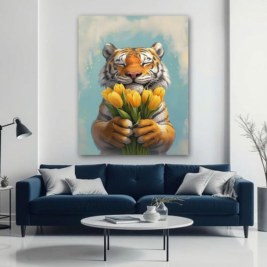 Tiger With Tulips Canvas Wall Art Painting 