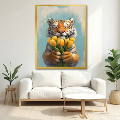 Tiger With Tulips Canvas Wall Art Painting 