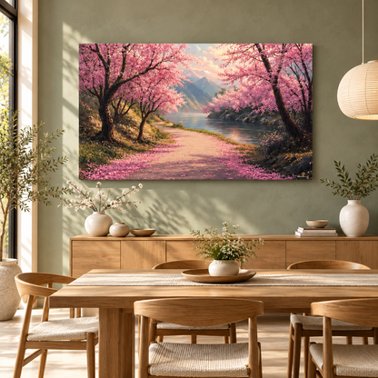 Cherry Blossom River Landscape Canvas Painting for Wall Decor