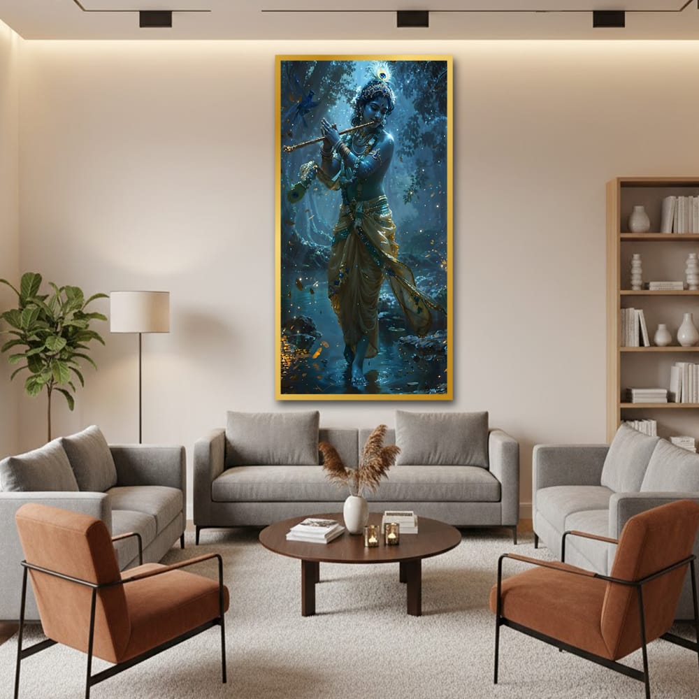 Krishna Playing Flute Wall Decor – Spiritual Painting for Home