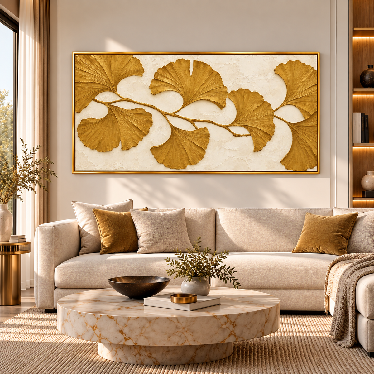 Golden Ginkgo Leaf Textured Wall Art for Luxury Modern Interiors