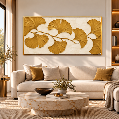 Golden Ginkgo Leaf Textured Wall Art for Luxury Modern Interiors