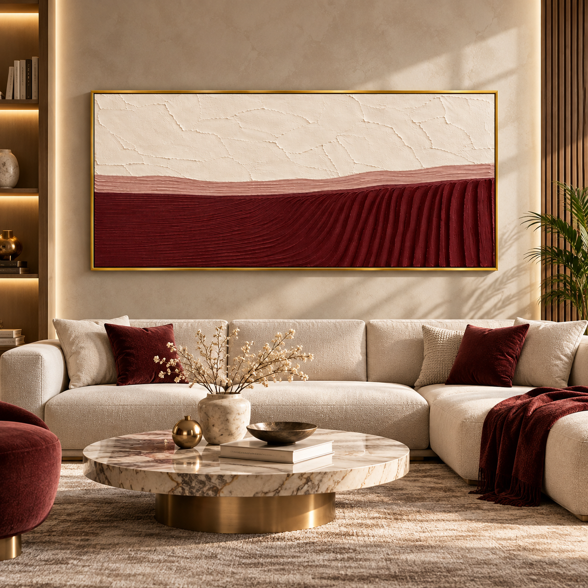 Luxury Burgundy Abstract Textured Wall Art for Living Room
