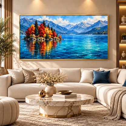 Mountain Lake Landscape Wall Art with Autumn Trees & Blue Peaks