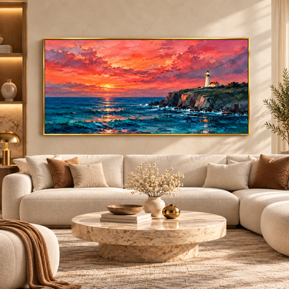 Sunset Ocean Lighthouse Coastal Landscape Wall Art for Living Room