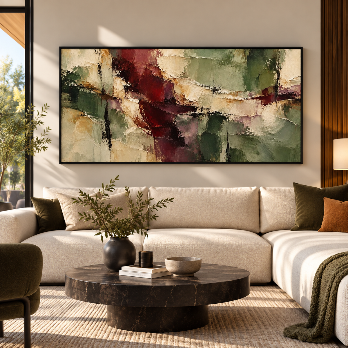 Green Burgundy Abstract Textured Wall Art for Luxury Interiors