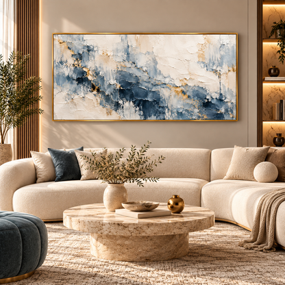 Blue Abstract Textured Painting with Gold Accents for Modern Wall Decor