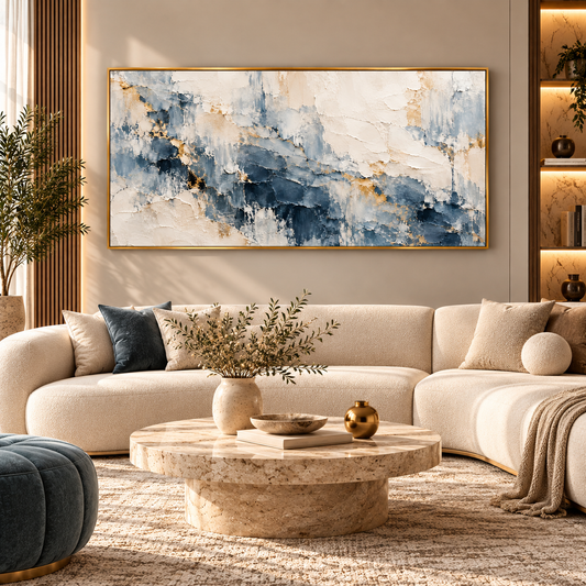 Blue Abstract Textured Painting with Gold Accents for Modern Wall Decor