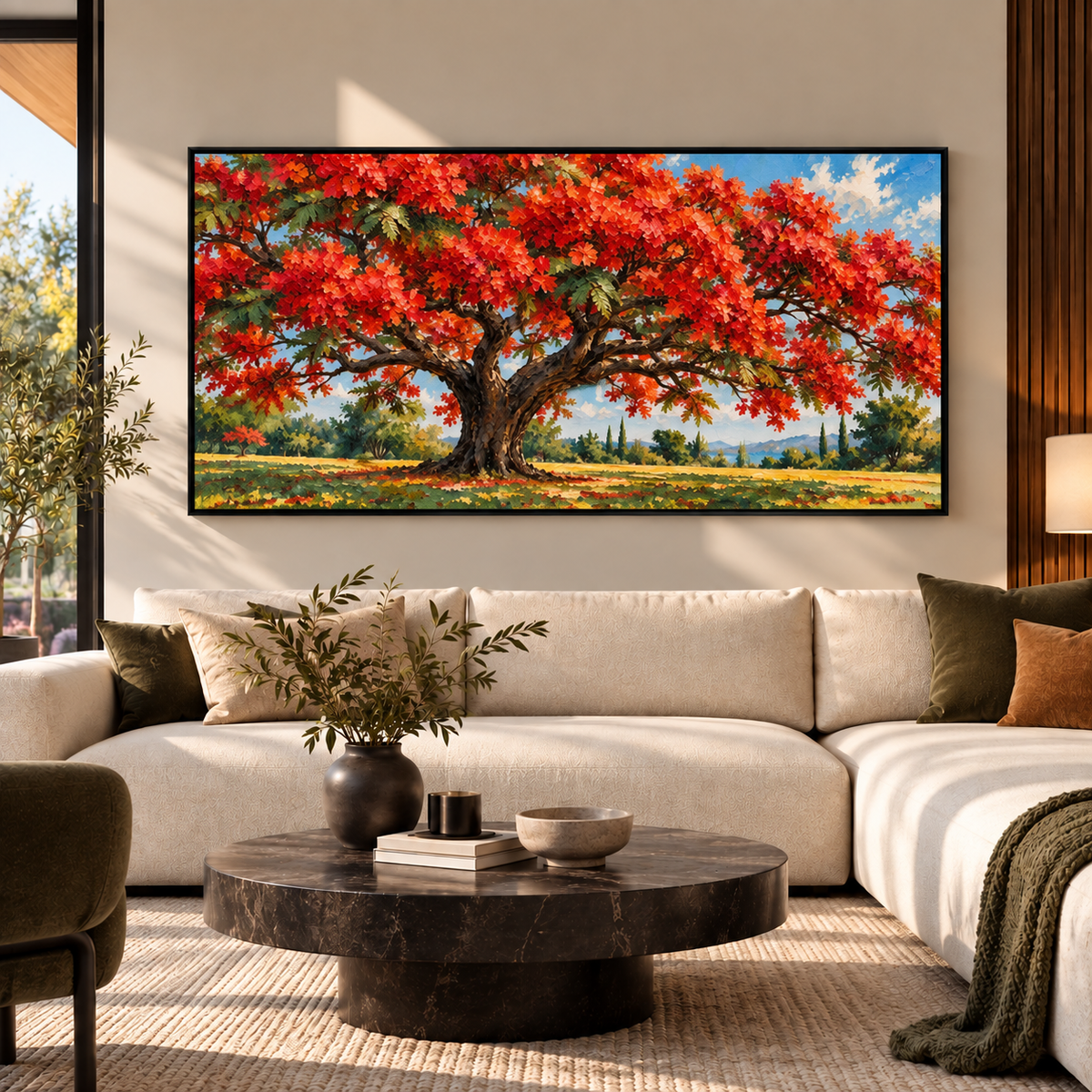 Red Blossom Tree Landscape Wall Art for Luxury Living Room Decor