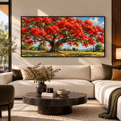 Red Blossom Tree Landscape Wall Art for Luxury Living Room Decor