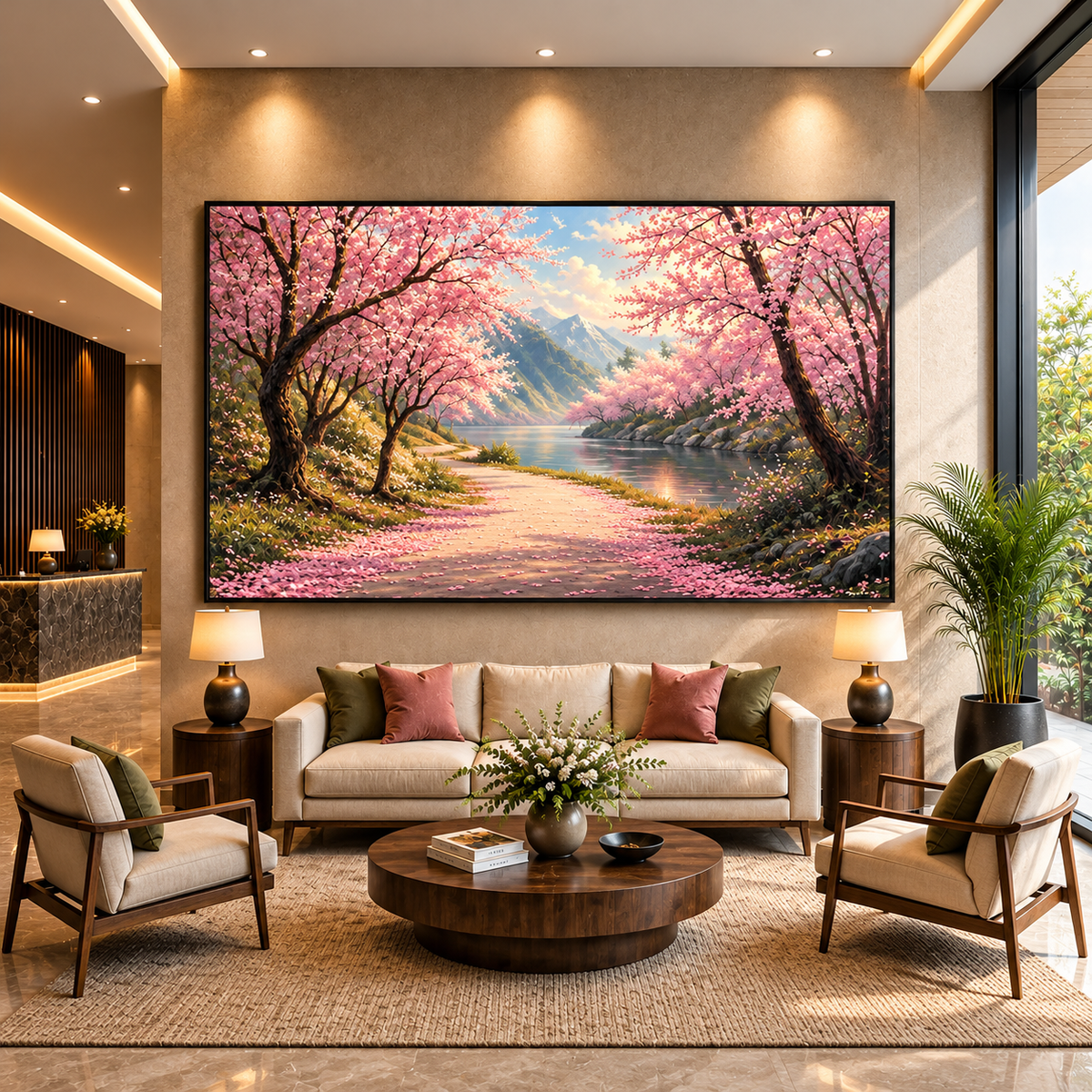 Cherry Blossom River Landscape Canvas Painting for Wall Decor