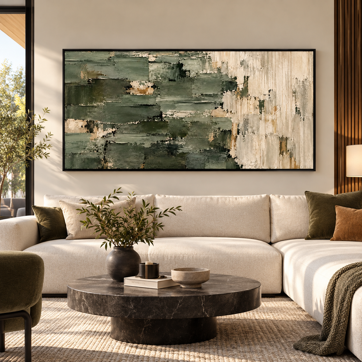 Olive Green Abstract Textured Wall Art with Gold Frame