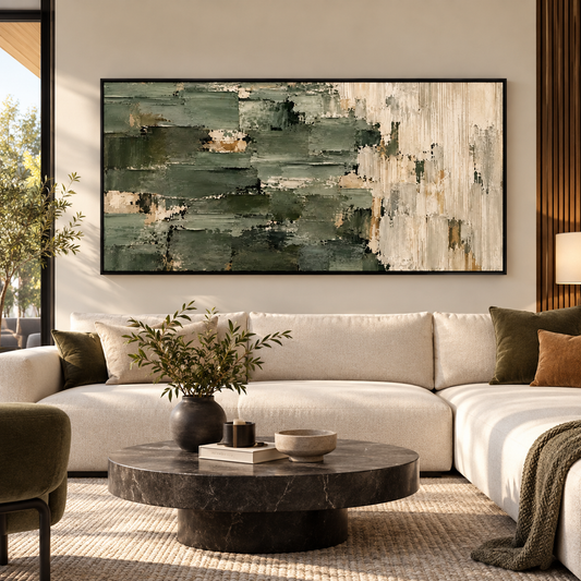 Olive Green Abstract Textured Wall Art with Gold Frame