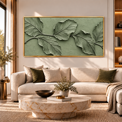 Sage Green Textured Botanical Leaf Wall Art for Modern Interiors