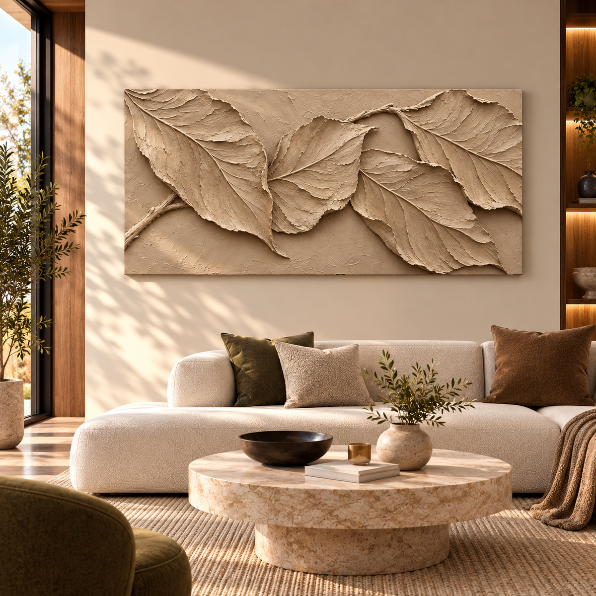 Beige Textured Leaf Relief Wall Art for Modern Luxury Interiors