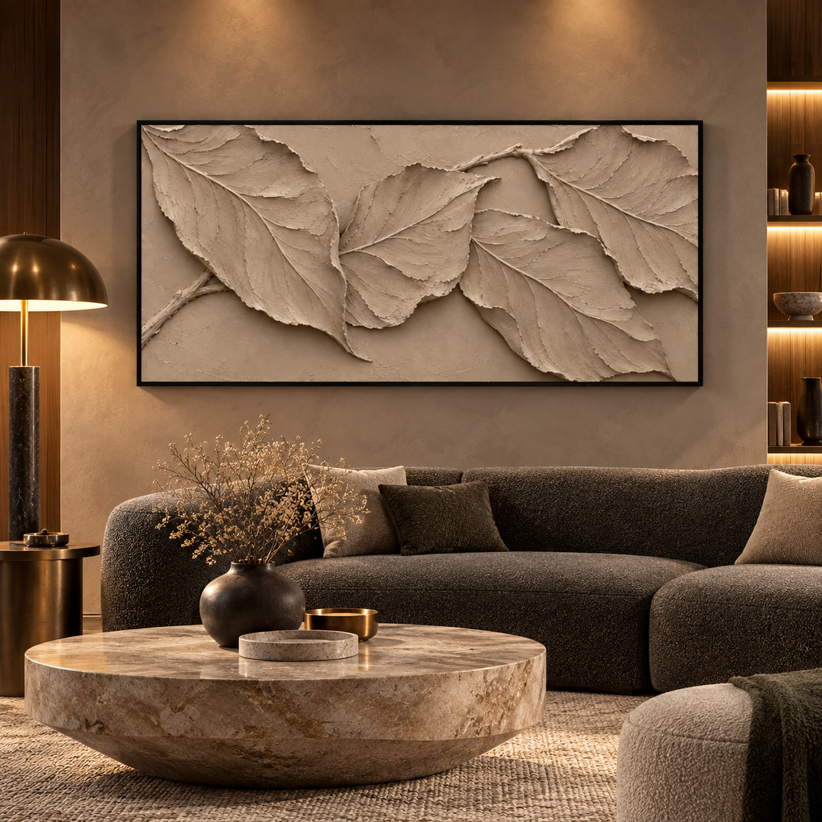 Beige Textured Leaf Relief Wall Art for Modern Luxury Interiors