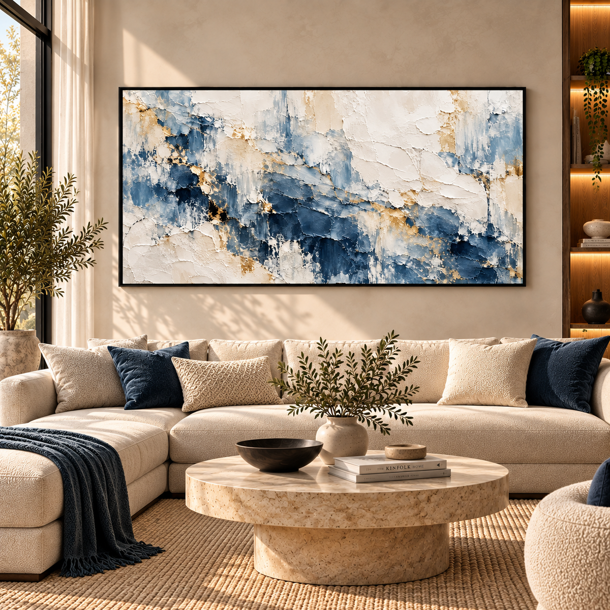 Blue Abstract Textured Painting with Gold Accents for Modern Wall Decor