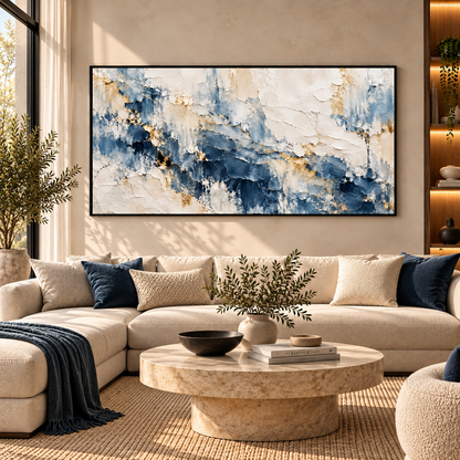 Blue Abstract Textured Painting with Gold Accents for Modern Wall Decor