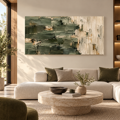 Olive Green Abstract Textured Wall Art with Gold Frame
