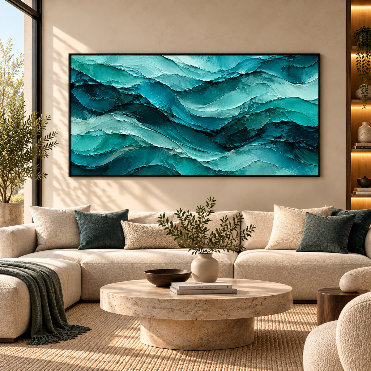 Teal Blue Ocean Wave Abstract Painting for Modern Wall Decor