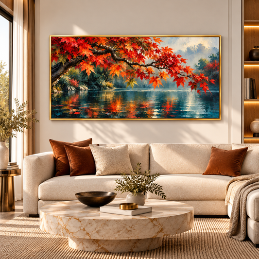 Autumn Lake Landscape Wall Art with Vibrant Red Maple Trees