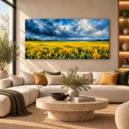 Blue & Yellow Wildflower Landscape Painting for Modern Living Room Decor