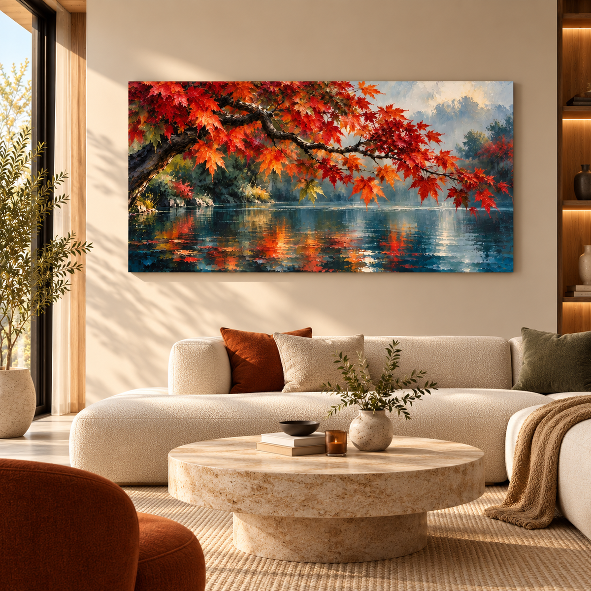 Autumn Lake Landscape Wall Art with Vibrant Red Maple Trees