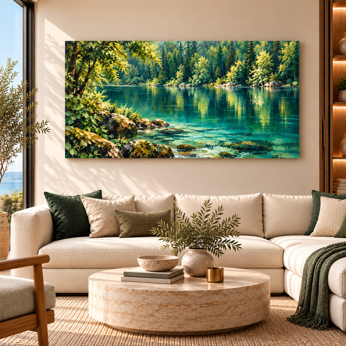 Serene Forest Lake Landscape Wall Art for Modern Living Room Decor