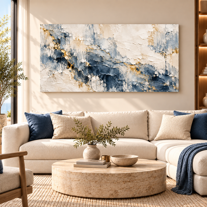 Blue Abstract Textured Painting with Gold Accents for Modern Wall Decor