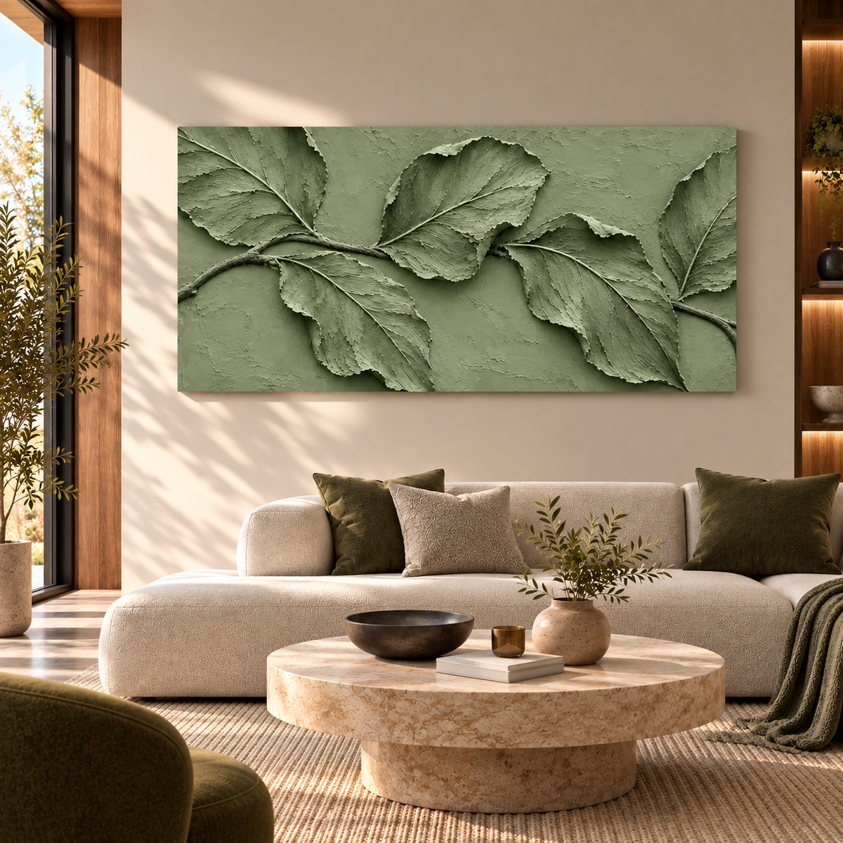 Sage Green Textured Botanical Leaf Wall Art for Modern Interiors