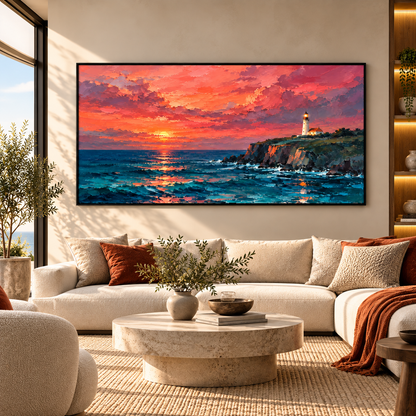 Sunset Ocean Lighthouse Coastal Landscape Wall Art for Living Room