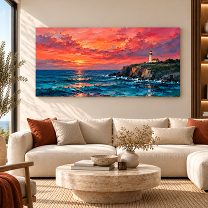 Sunset Ocean Lighthouse Coastal Landscape Wall Art for Living Room