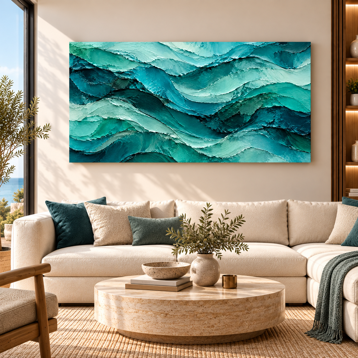 Teal Blue Ocean Wave Abstract Painting for Modern Wall Decor