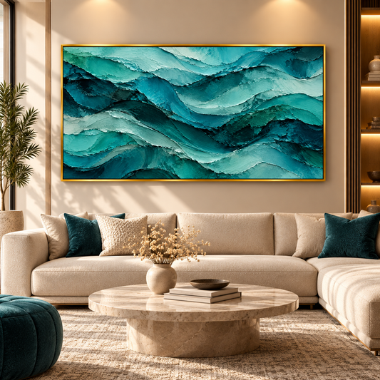 Teal Blue Ocean Wave Abstract Painting for Modern Wall Decor