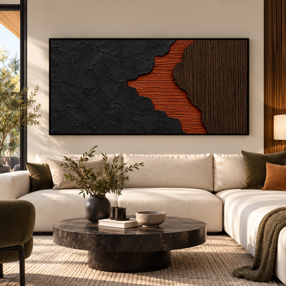 Black & Rust Orange Abstract Textured Wall Art for Modern Interiors
