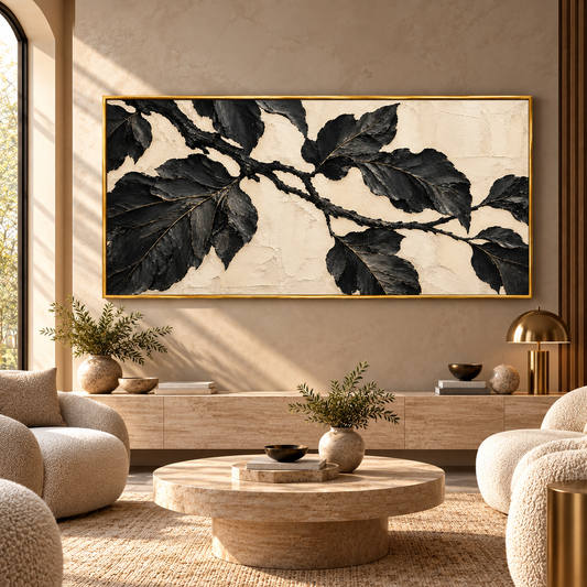 Black Botanical Leaves Textured Wall Art for Modern Luxury Decor