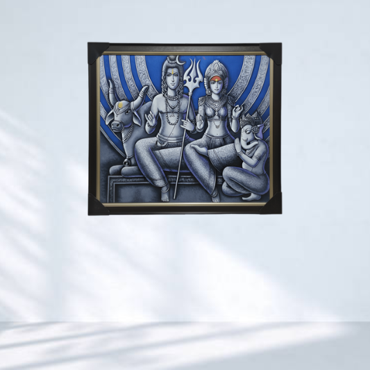 Divine Shiv Family Hand Painting Artwork for Living Room