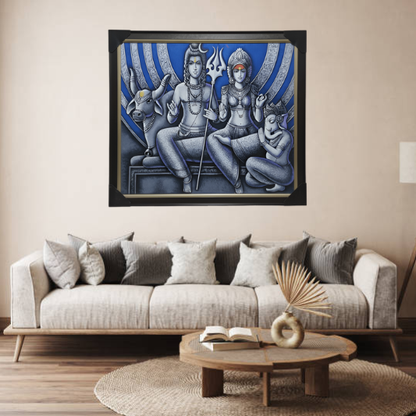 Divine Shiv Family Hand Painting Artwork for Living Room