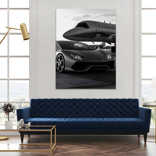 Vintage Black And White Car Canvas Wall Art Painting