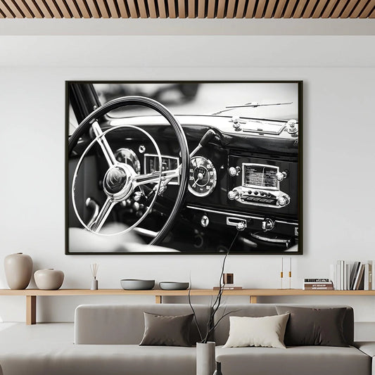 Vintage Black And White Cars Canvas Wall Art Painting For Home 