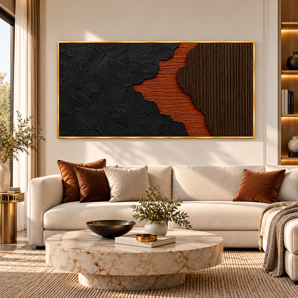 Black & Rust Orange Abstract Textured Wall Art for Modern Interiors