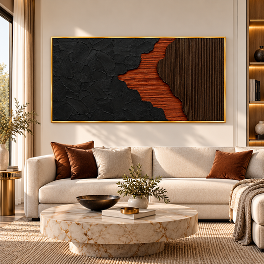 Black & Rust Orange Abstract Textured Wall Art for Modern Interiors