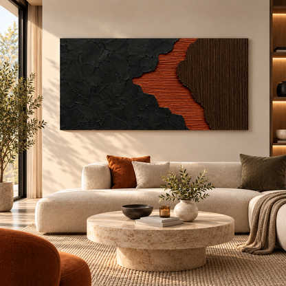 Black & Rust Orange Abstract Textured Wall Art for Modern Interiors